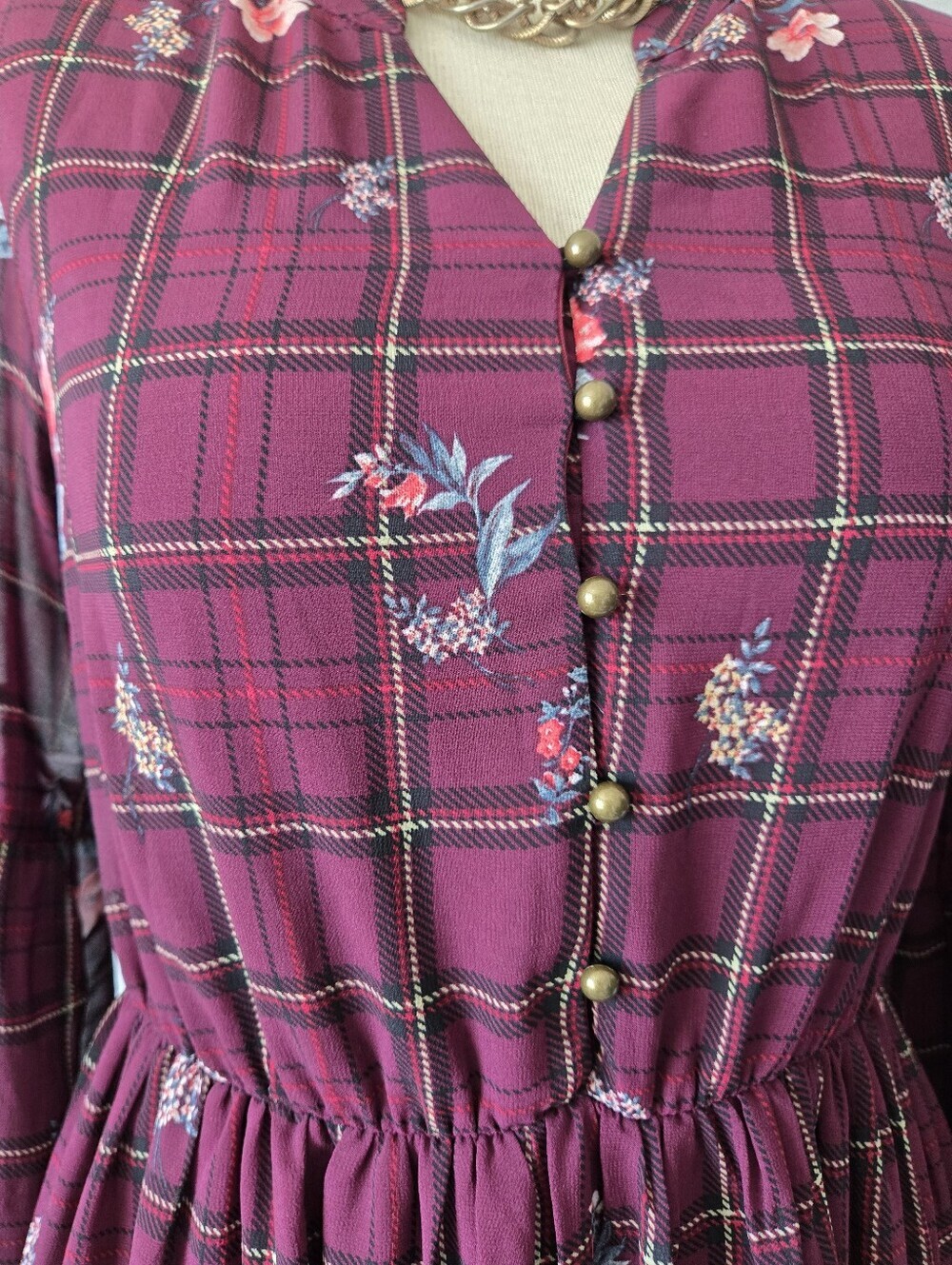 Orange Creek Burgundy Plaid Floral Long Sleeve Midi Dress. Size Small - Picture 6 of 15